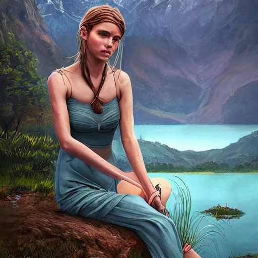 Prompt: Harpy, wearing Inka clothes, sitting at a pond, mountainous area, trees in the background, oil painting, by Fernanda Suarez and Greg Rutkowski