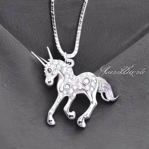 Image similar to a lovely silver cartoon unicorn necklace pendant, 3 d rendering, pandora style, tiffany style, swarovski style, van cleef & arpels style, cartier style, boucheron style, bulgari style, chaumet style, elegant, noble, stylish