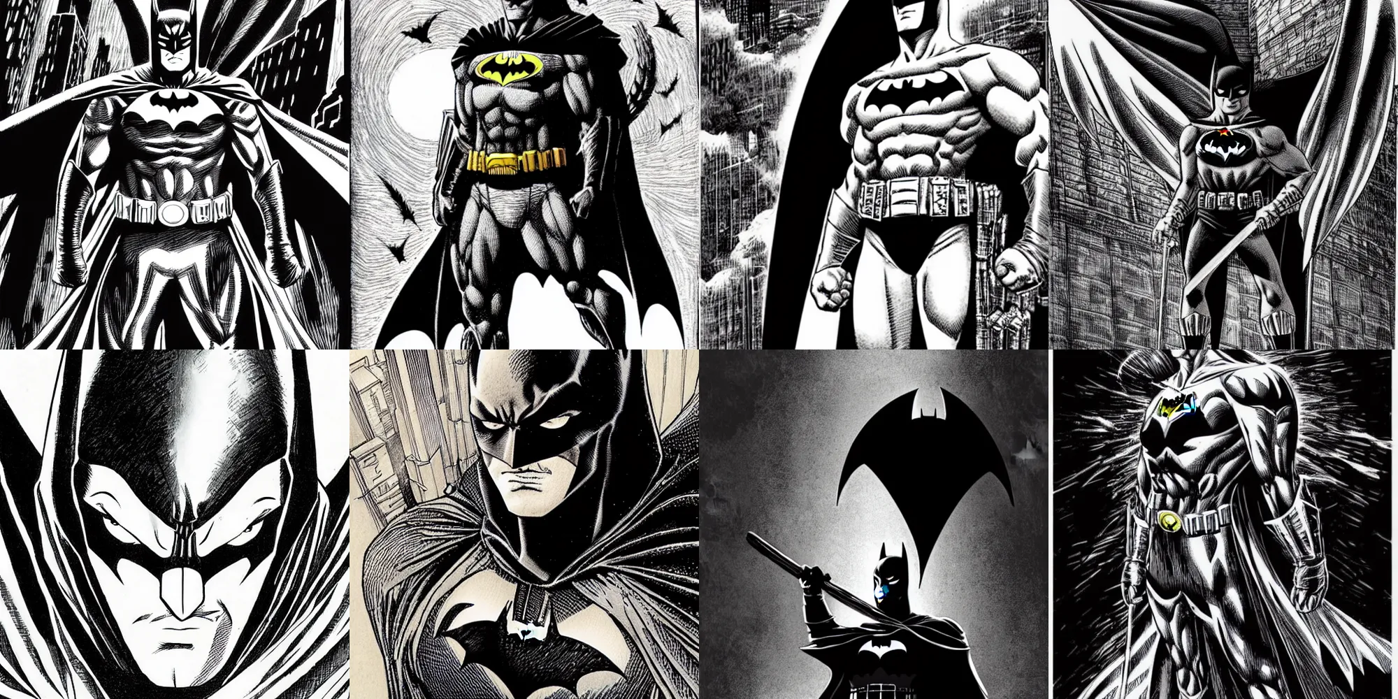 Prompt: an illustration of Batman by Kentaro Miura