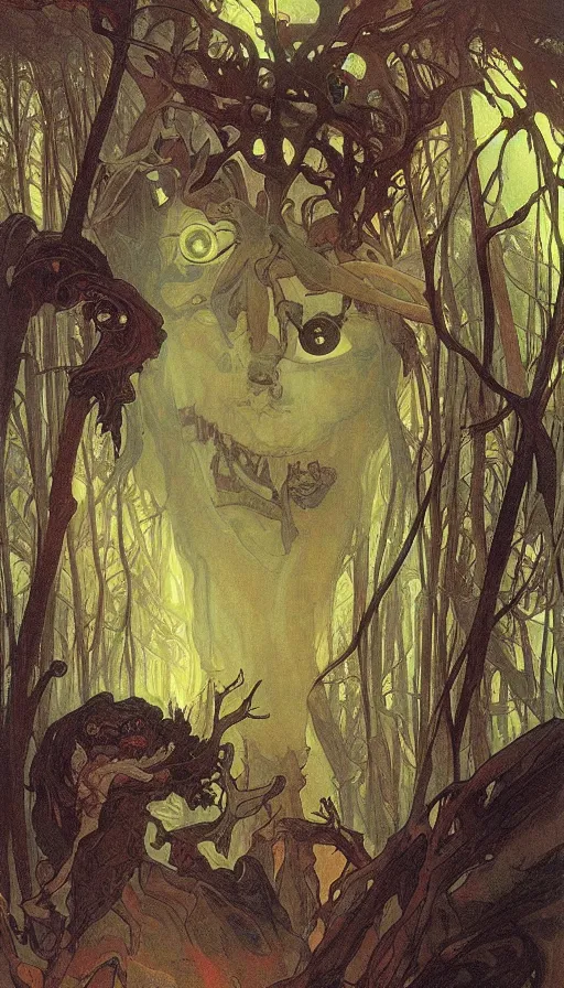 Image similar to a storm vortex made of many demonic eyes and teeth over a forest, by alfons maria mucha