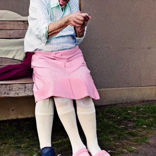 Image similar to old man wearing pastel stockings and skirt, gender non - conforming, elderly feminine man