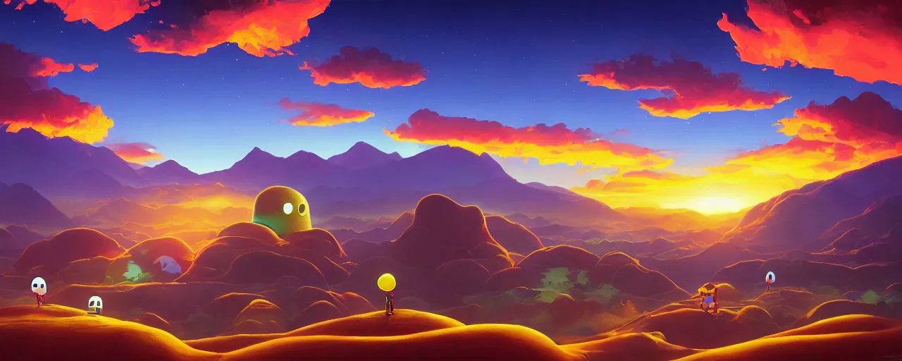 Image similar to detailed round pacman, with ghosts, in a beautiful nature landscape with clouds, mountains, in background, sunset, by rhads, round pacman, detailed, coherent