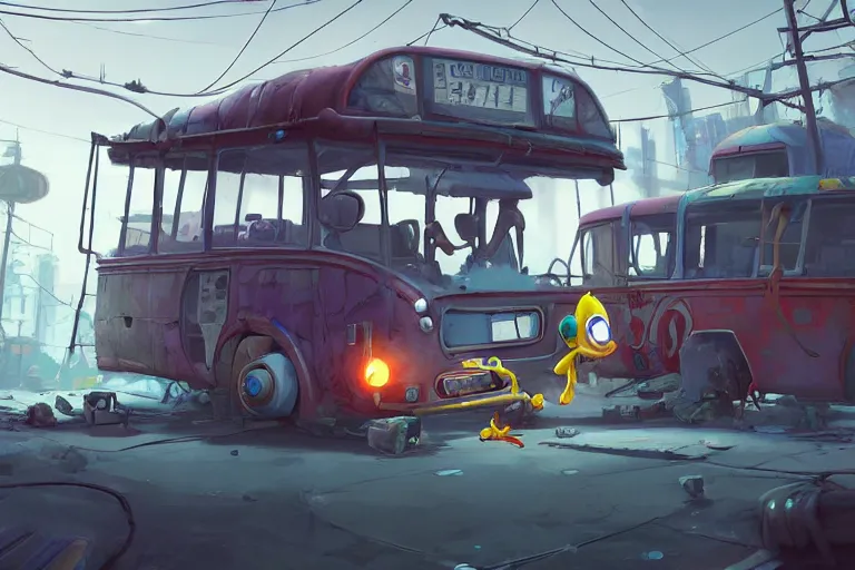 Image similar to a cartoony public bus, electric cables, various items, in the style of Rayman origins, michael ancel, Ruan Jia and Mandy Jurgens and Greg Rutkowski, trending on Artstation, award winning, unreal engine, octane render H 1024