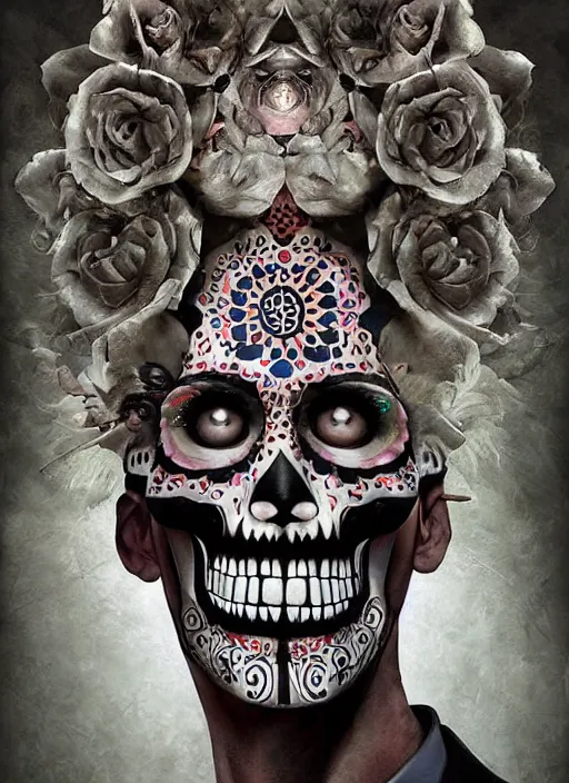 Image similar to dia de los muertos hombre theme surrealist art in the styles of igor morski, jim warren, and a tim burton film, intricate, masculine, hyperrealistic, accurate facial details, profile picture with chromakey!!!!! background, volumetric lighting