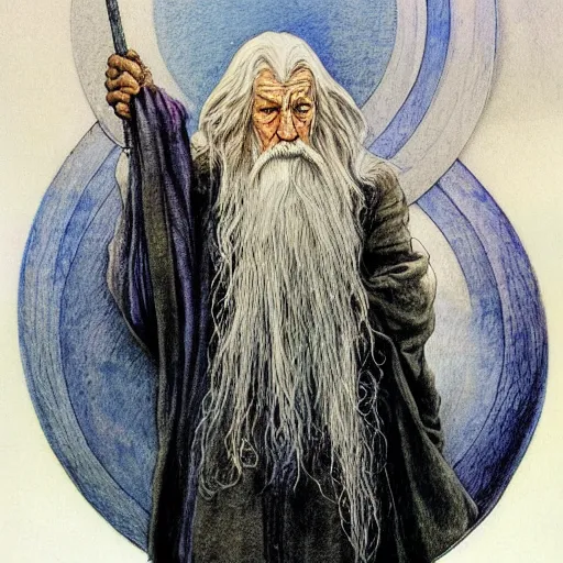 Prompt: Gandalf pondering his orb by Henry Gray and Alan Lee, Colourful