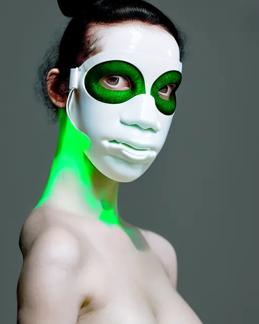 Prompt: portrait of a woman wearing a white embroidered translucent silicone mask and white green frizzy hair buns, wearing a black bodysuit by alexander mcqueen, cream white background, soft diffused light, biotechnology, humanoide robot, bjork aesthetic, translucent, by rineke dijkstra, intricate details, highly detailed, masterpiece,