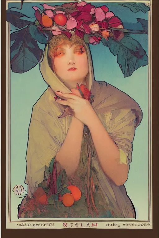 Image similar to a Girl in a large hood sitting on the ground , Slices of orange, cd , microphones ,pink Petals,graphic Design by rella and mucha ,Refreshing colour