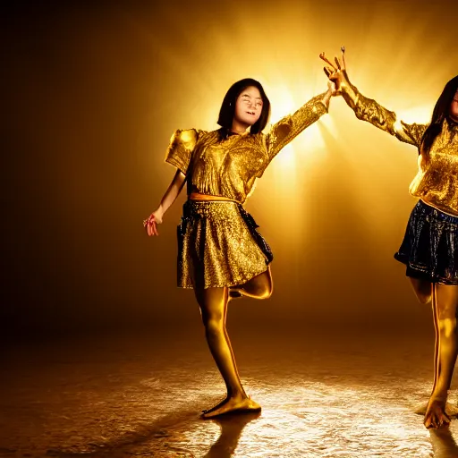 Image similar to two asian girls dancing, liquid golden and black fluid, magic hour, dramatic light, liquid painting, golden bodypaint, yellow and blue lightning, world best photography, indian patterns, bokeh, golden jewelry filigree, body detaily, ornaments, fresco by michaelangelo, golden rays, god rays, epic cinematic wallpaper