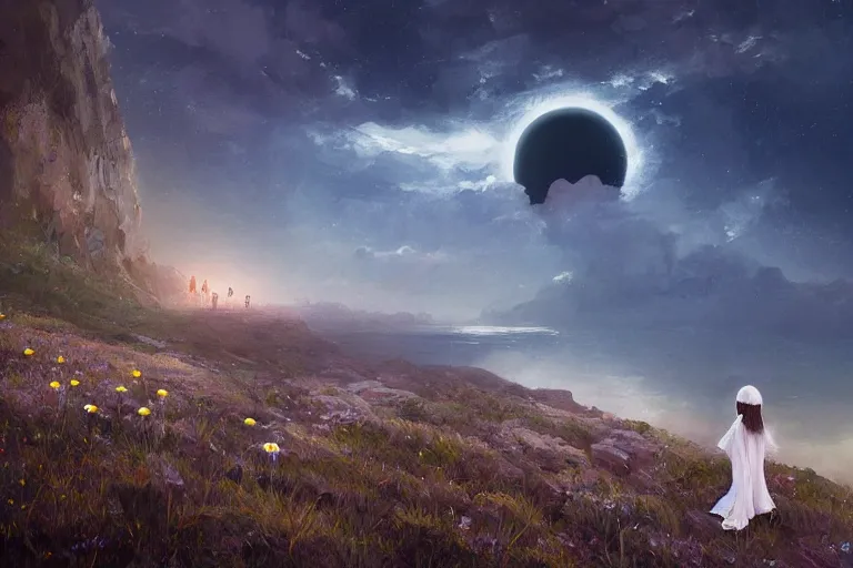 Image similar to giant white daisy flower veil on head, girl standing on cliff, surreal photography, solar eclipse, milky way, dramatic light, impressionist painting, clouds, digital painting, artstation, james gilleard, liam wong, jeremy mann, simon stalenhag
