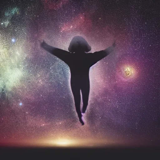 Image similar to A translucent transparent human floating in a galaxy, award-winning