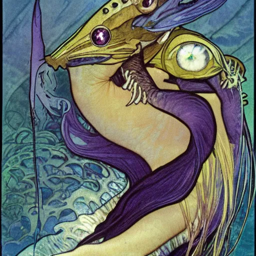 Image similar to a single fantasy hybrid animal with features the body of an armored catfish, fins and feet a sea robin, and the skin and gills of a lamprey that has six large black eyes the animal is swiming in dark blue and purple toned water in a jagged rocky landscape by alphonse mucha and brian froud.