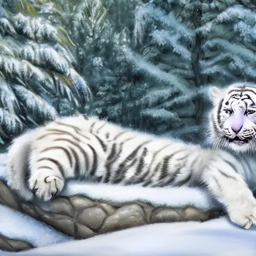 Prompt: cute fluffy white tiger cub sitting on rock in snowy winter landscape with trees detailed painting 4k