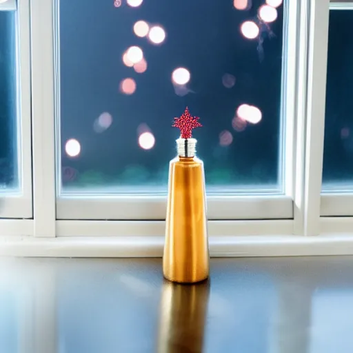 Image similar to perfume bottle on the window sill with fireworks and stars in the background