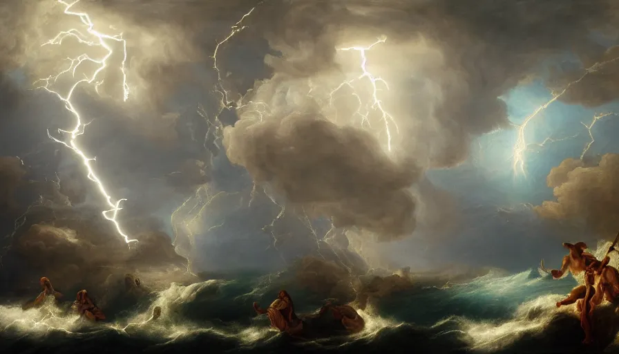 Prompt: baroque painting of zeus throwing lightning bolts on poseidon, hyperdetailed, artstation, cgsociety, 8 k