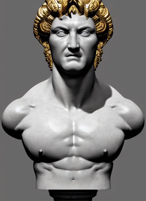 Image similar to stylized gold onyx ornate statue bust made of marble of hercules, perfect symmetrical body, perfect symmetrical face, hyper realistic, hyper detailed, by johannen voss, by michelangelo, octane render, blender, 8 k, displayed in pure white studio room