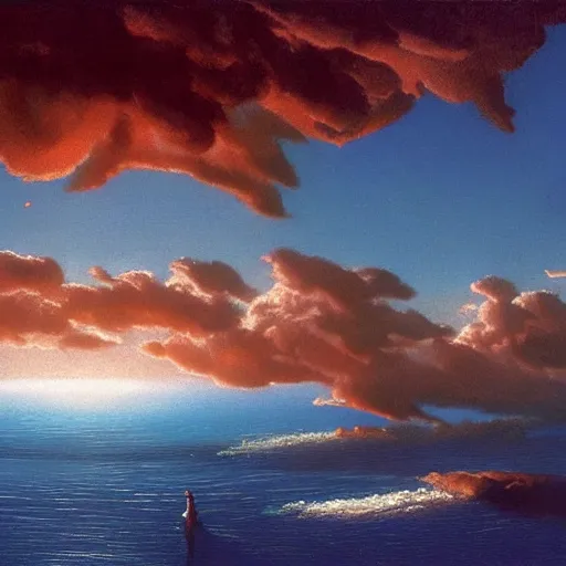 Prompt: beautiful matte painting of a dreamy ocean with clouds, sci - fi, daylight, blue sky, cinematic lighting, cinematic perspective, syd mead, john harris, federico pelat