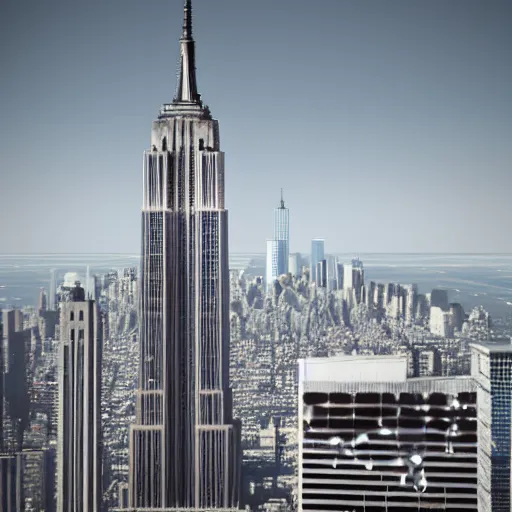 Image similar to drops of water flowing from the windows of the empire state building, long lens, orthogonal perspective, photorealist, panorama, fluid simulation, new york background, detailled, sharp focus, realistic, trending on artstation, cg society, 8 k, unreal