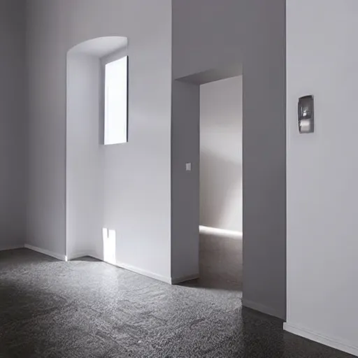 Prompt: picture of a place where all the walls are unicolor, and shapes ares very simple, nothing but wall and doorframes of simple colors