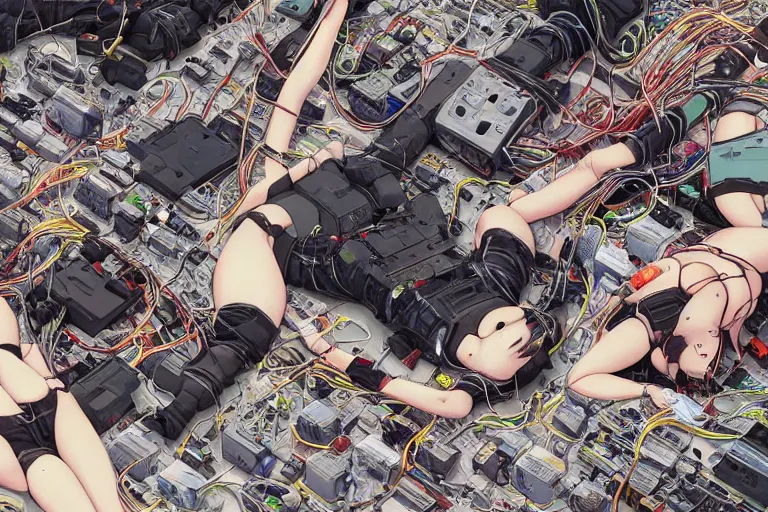 Prompt: a refined cyberpunk illustration of a group of female androids' lying on the floor with their body parts scattered around and cables and wires coming out, by katsuhiro otomo and masamune shirow, hyper-detailed, colorful, view from above, wide angle, close up, white background
