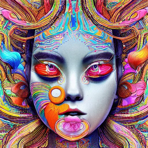 Image similar to the face of an unbelievably beautiful and pretty japanese girl partially made of onion rings of all colors looking down, an ultrafine detailed illustration by james jean, final fantasy, intricate linework, bright colors, behance contest winner, vanitas, angular, altermodern, unreal engine 5 highly rendered, global illumination, radiant light, detailed and intricate environment