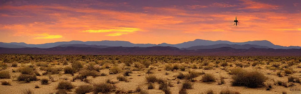 Prompt: tall yellow grass valley, desert in the distance, crashed spaceship, by charles calvert