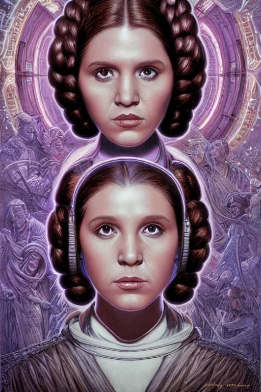 Image similar to highly detailed portrait of young princess leia organa by alex grey, patrick woodroffe, mark ryden created by gustave dore and greg rutkowski, high detailed, smooth draw, synthwave neon retro, intricate, realistic proportions, dramatic lighting, trending on artstation