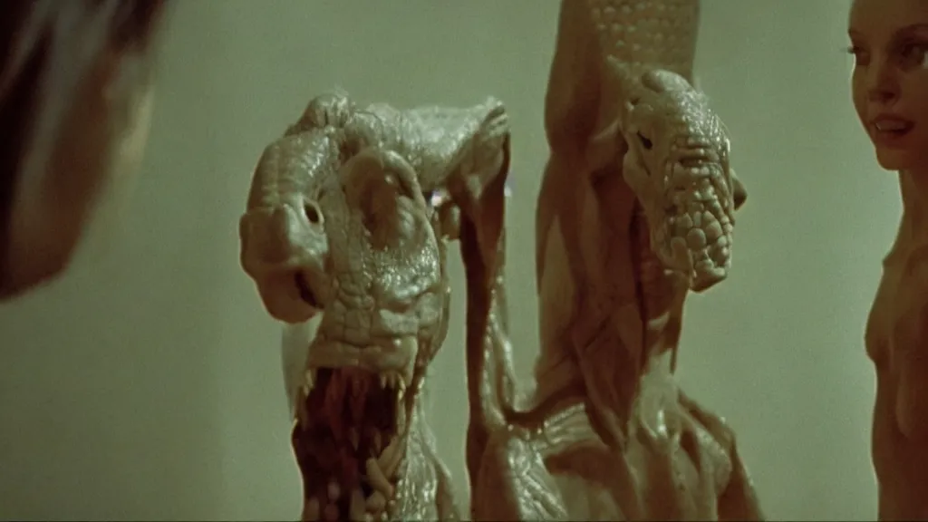 Image similar to movie scene of a girl and a repetilian humanoid, reptil, reptilian, movie still, cinematic composition, cinematic light, criterion collection, reimagined by industrial light and magic, Movie by Andrzej Żuławski