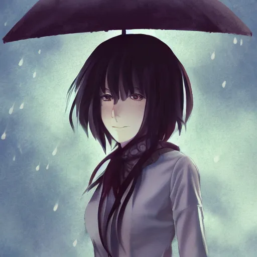 Image similar to portrait of lone girl standing in the melancholic rain, anime fantasy illustration by tomoyuki yamasaki, kyoto studio, madhouse, ufotable, trending on artstation