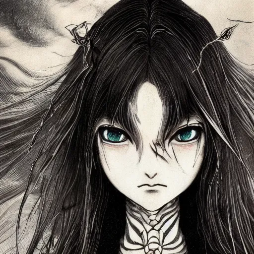 Image similar to yoshitaka amano realistic illustration of an anime girl with black eyes, wavy white hair fluttering in the wind and cracks on her face wearing elden ring armour with engraving, abstract black and white patterns on the background, noisy film grain effect, highly detailed, renaissance oil painting, weird portrait angle, blurred and dreamy portrait, three quarter angle, evangelion color palette