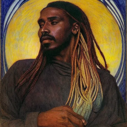 Image similar to masterpiece, somali man with long hair, sculpture from islamic civilization, by annie swynnerton and diego rivera and nicholas roerich and jean delville and charlie bowater, symbolist, dramatic lighting, god rays, art brut, rich colors, smooth sharp focus, extremely detailed, adolf wolfli and ( donato giancola and bilibin )