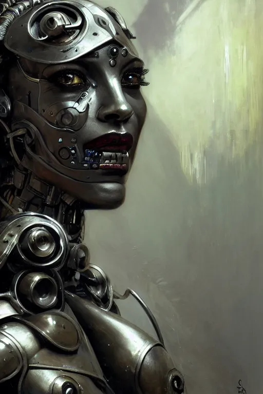 Image similar to extreme close up, facial portrait, half - cyborg woman with a long black ponytail in gunmetal grey sci - fi armor, wearing an african mask, mechanical armor, cybernetic hands, striking pose, portrait dnd, painting by gaston bussiere, craig mullins, greg rutkowski, yoji shinkawa