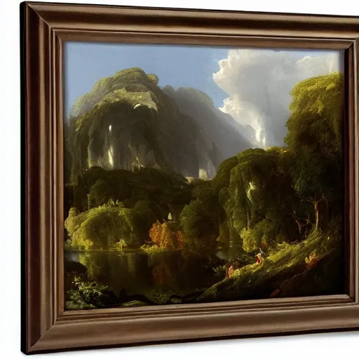 Prompt: landscape with forest meadow by Thomas Cole and John Martin
