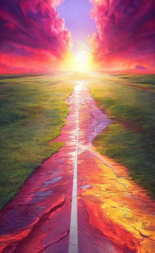 Prompt: paperback book cover by artgerm. pure colors, melting clouds, accurately drawn details, a sunburst above a receding road with the light reflected in furrows and ruts, after rain. photorealistic. octane render. cinematic. trending on artstation. textless.