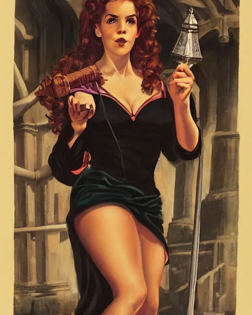 Image similar to pinup photo of hermione granger by emma watson in the crowded square of hogwarts, gil elvgren, enoch bolles, edward robert hughes, henry justice ford, glossy skin, pearlescent, very coherent, very detailed