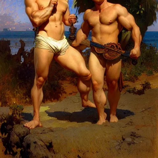 Image similar to attractive muscular mike with ginger hair and muscular attractive ty with brunet hair, drinking their hearts out, boys night out. highly detailed painting by gaston bussiere, craig mullins, j. c. leyendecker, alphonse mucha 8 k