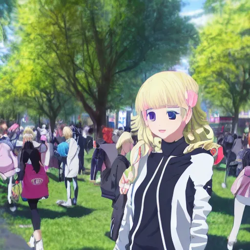 Prompt: blonde - haired princess, anime princess, wearing black jacket and white leggings, looking through crowd, town street, festival street, trees, green trees, blue lighting, blue sunshine, strong lighting, strong shadows, vivid hues, ultra - realistic, sharp details, subsurface scattering, intricate details, hd anime, 2 0 1 9 anime