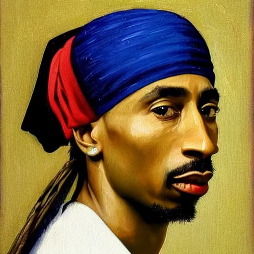 Prompt: A tronie painting of Tupac Shakur with the pearl earring by Johannes Vermeer. Tupac