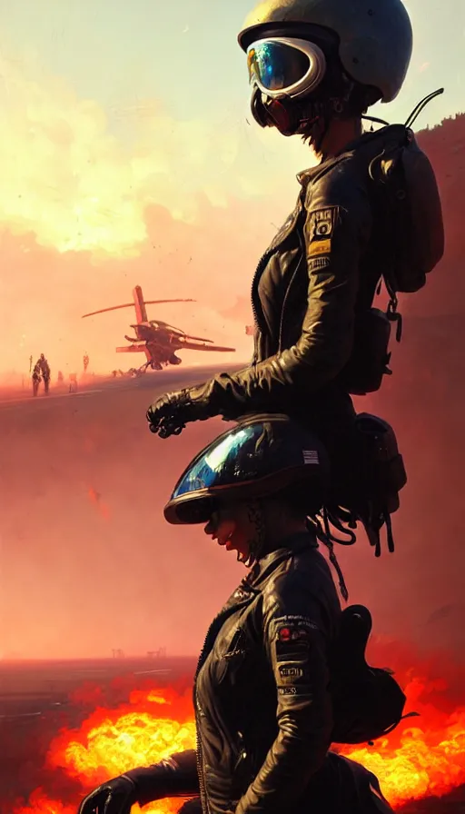 Image similar to a ultradetailed beautiful panting of post apocalyptic biker with helmet in front of crashed airplane burning, by ilya kuvshinov, greg rutkowski and makoto shinkai, trending on artstation