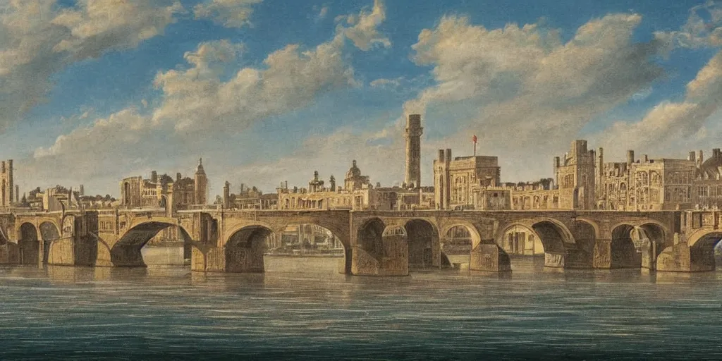 Image similar to illustration, ancient London, city buildings on top of tall bridge structure, over the ocean, tall arches, fading off to the horizon, steam punk