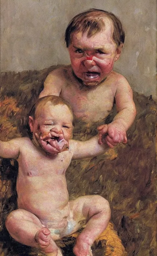 Prompt: baby with a adult face of Putin eating used up diapers covered in brown substance, Putin face of fear, ugly body painted by Lucian Freud, Ilya Repin