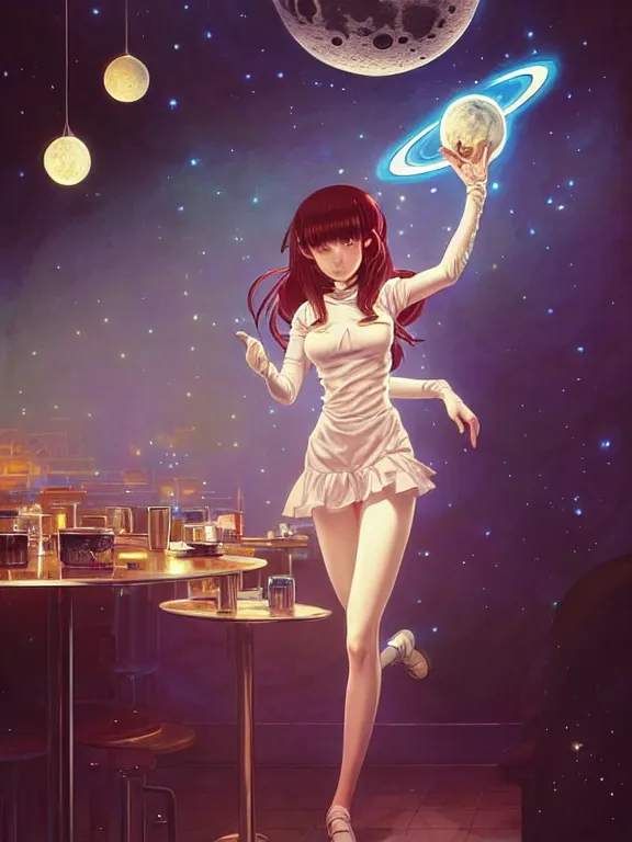 Prompt: full body picture of a space girl in the moon cafe, bored, coveted, beautiful and aesthetic, intricate, unreal engine, messy hair, highly detailed, detailed face, smooth, sharp focus, chiaroscuro, manga illustration, artgerm, greg rutkowski, ilya kuvshinov, rossdraws, alphonse mucha, young adult light novel cover art