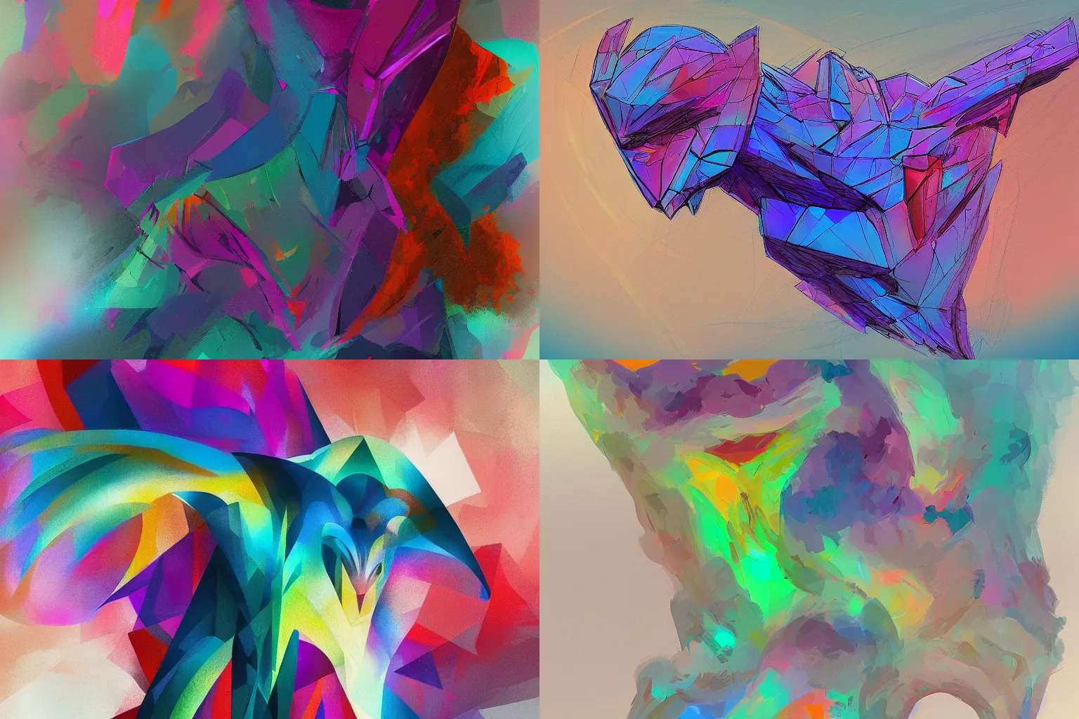 Prompt: Beautiful creature from another world built from geometric shapes. Rough brushstrokes. Colourful but muted palette. Abstract. Trending on artstation and deviantart.