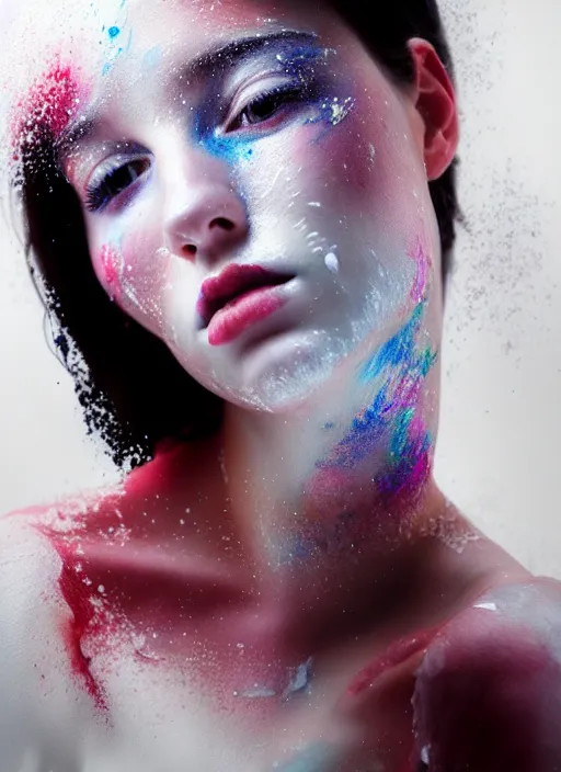 Prompt: beautiful young woman covered in white paint, in the style of irakli nadar, effervescent, warm, dark, watercolor, deep mood, hyperrealism, epic and cinematic,