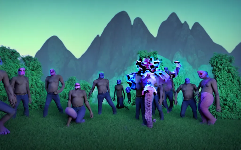 Prompt: a crowd of necromancers dressed in blue around a person in green clothing and a pink elephant face mask, lying on top of a rectangular rock in the center, mountains in the background, twilight lighting, ultra realistic, cycles render engine, 8 k,