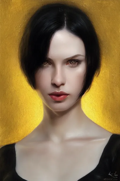 Image similar to Portrait of a beautiful pale skin Nordic female with short black hair, elegant, photorealistic, highly detailed, artstation, smooth, sharp focus, gold ornaments, neon lighting, sci-fi, art by Klimt.