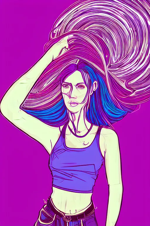 Image similar to a award winning half body portrait of a beautiful woman with stunning eyes in a croptop and cargo pants with ombre purple pink teal hairstyle and hands in pockets by thomas danthony, surrounded by whirling illuminated lines, outrun, vaporware, shaded flat illustration, digital art, trending on artstation, highly detailed, fine detail, intricate