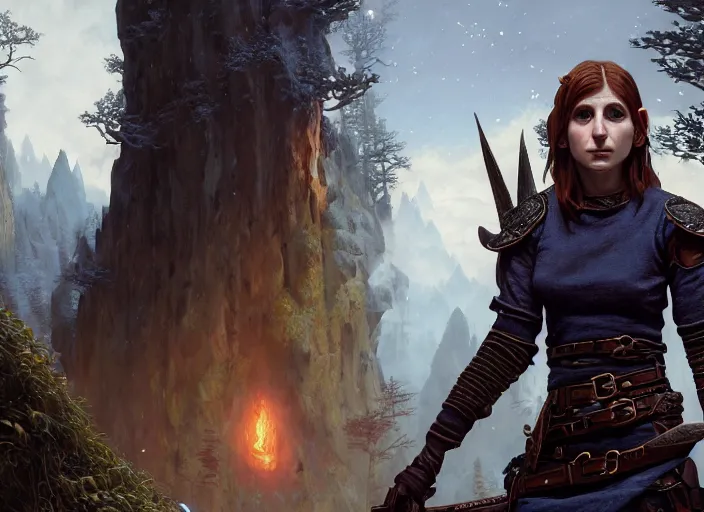 Prompt: highly detailed portrait of aya cash as an elf, in skyrim, stephen bliss, unreal engine, fantasy art by greg rutkowski, loish, rhads, ferdinand knab, makoto shinkai and lois van baarle, ilya kuvshinov, rossdraws, tom bagshaw, global illumination, radiant light, detailed and intricate environment