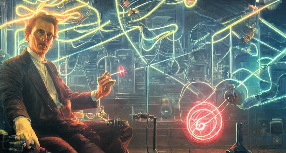 Prompt: nikolai tesla is surrounded by bolts of electricity as he holds a vacuum tube, digital art, intricate, dramatic lighting, neon colors, cinematic, holographic runes, art by artgerm, greg rutkowski, norman rockwell