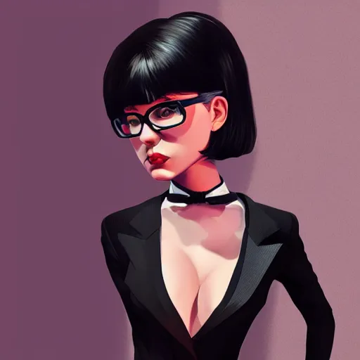 Image similar to slim girl in black tuxedo, corporate boss, luxury, 2d, ultra highly detailed, smooth, sharp focus, digital art, digital painting, fan art, elegant, artstation, by Ilya Kuvshinov