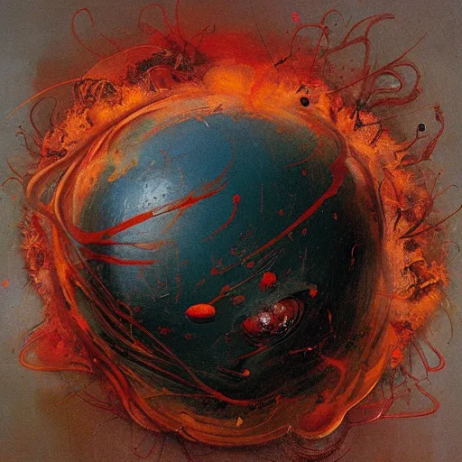 Image similar to a sphere being devoured by abstract splatters of paint in the style of francis bacon, venus being engulfed in flames in the style of james jean, surreal, beksinski, high detailed